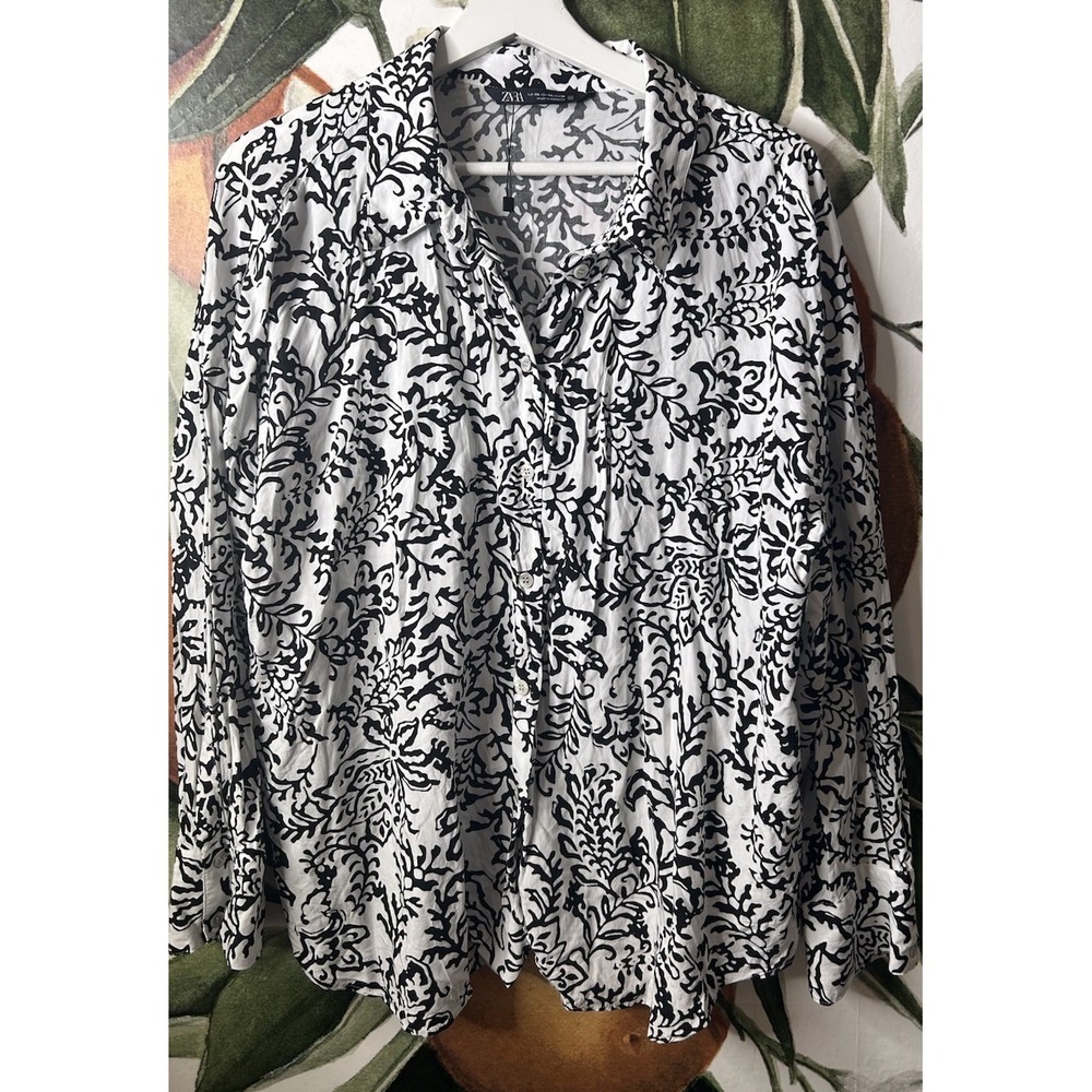 Zara 2XL Black Floral Button Down Long Sleeve Shirt Breezy Casual
